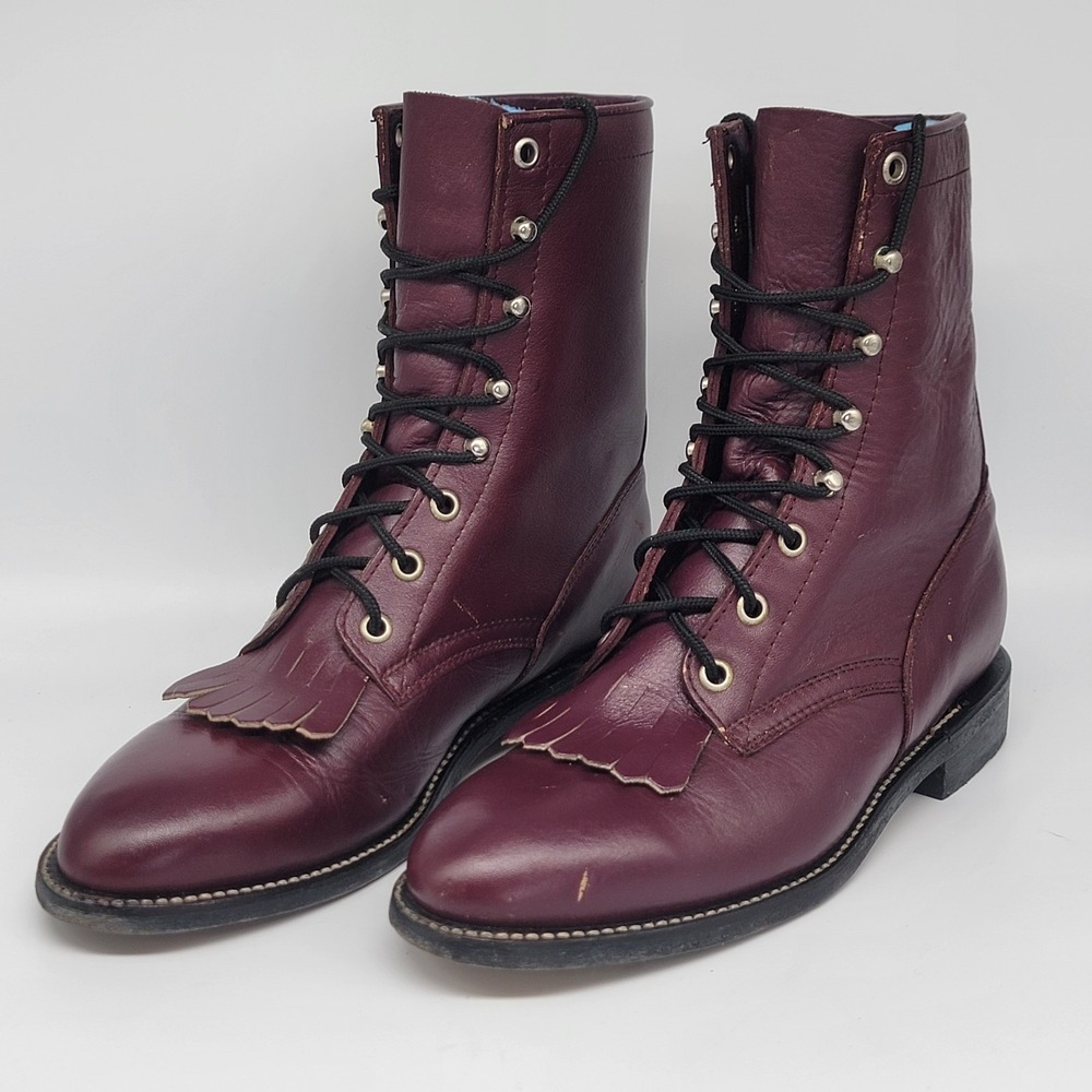 Vtg Cowtown Kilte Roper Lace Up boots Fringe Maroon Work Boots W6.5 B western